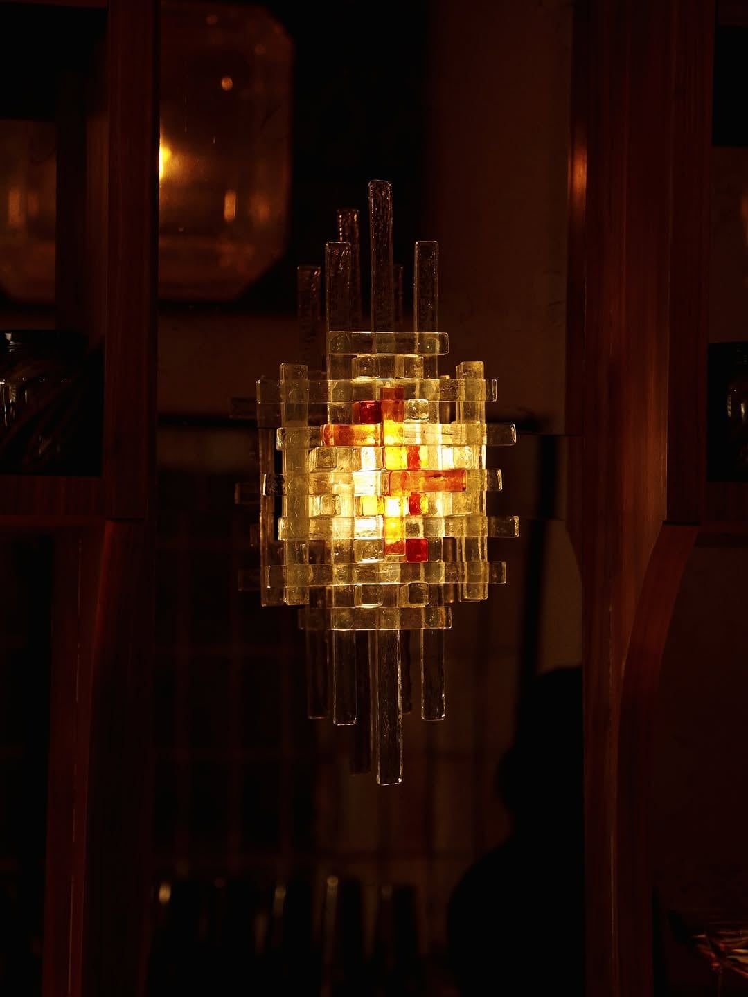 A vintage glass-cube pendant light at Napa Chapter One