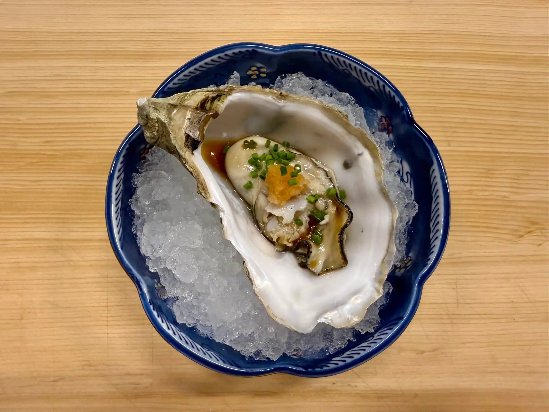 An oyster served on ice at Iki - Authentic Japanese